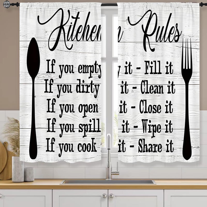 Famiffty Kitchen Rules Curtains 27.5W X 39L Inch 2 Panels Rod Pocket Rustic Farmhouse Funny Vintage Modern Small Short Cafe Curtains Wood Inspirational Window Drapes Treatment Bathroom Home Decor - Image 1
