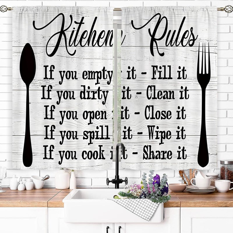 Famiffty Kitchen Rules Curtains 27.5W X 39L Inch 2 Panels Rod Pocket Rustic Farmhouse Funny Vintage Modern Small Short Cafe Curtains Wood Inspirational Window Drapes Treatment Bathroom Home Decor - Image 2