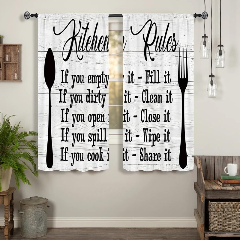 Famiffty Kitchen Rules Curtains 27.5W X 39L Inch 2 Panels Rod Pocket Rustic Farmhouse Funny Vintage Modern Small Short Cafe Curtains Wood Inspirational Window Drapes Treatment Bathroom Home Decor - Image 3