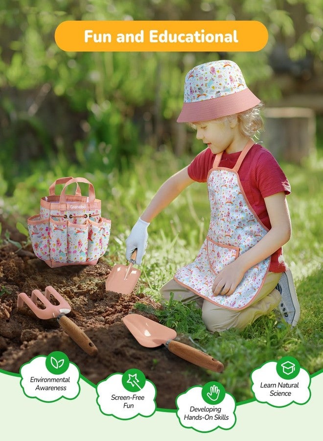 Grenebo Kids Gardening Set Toys, Quality Garden Tool Kit for Kids and Toddlers, Includes Two Shovels, Garden hat,Rake, Apron,Gloves, Watering Can, and Tool Bag (Pink) - Image 4