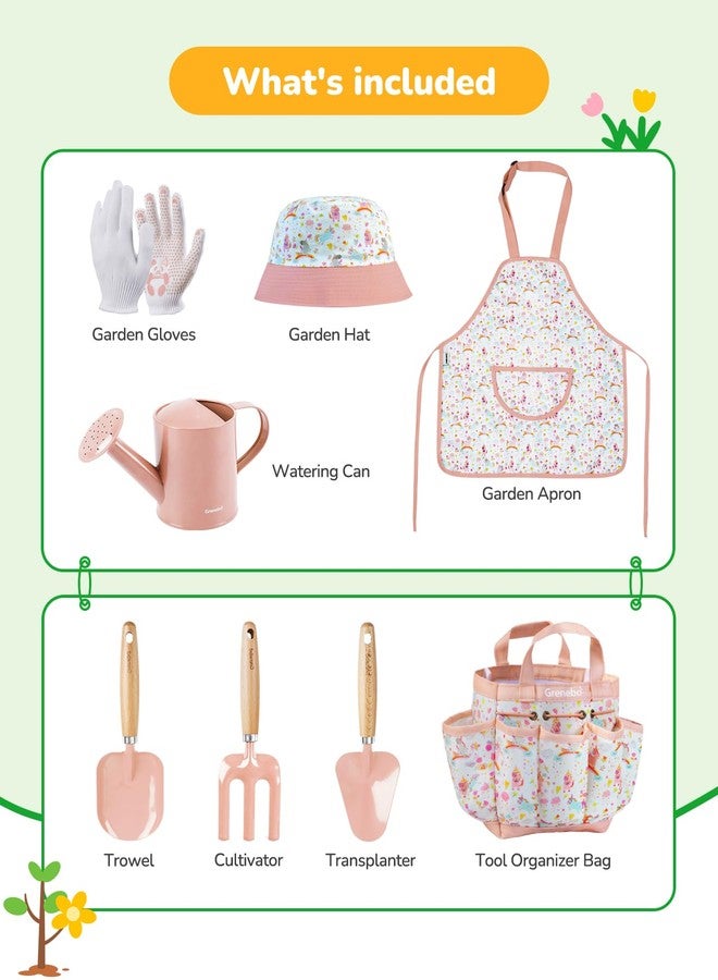 Grenebo Kids Gardening Set Toys, Quality Garden Tool Kit for Kids and Toddlers, Includes Two Shovels, Garden hat,Rake, Apron,Gloves, Watering Can, and Tool Bag (Pink) - Image 2