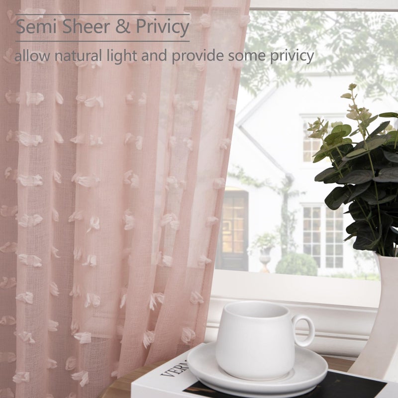 DANCURTON Dusty Pink Sheer Curtains 96 Inches Long 2 Panels for Girls Bedroom Window Boho Pom Pom Sheer Semi Window Curtains Back Tab Rod Pocket Shabby Chic Pink Textured Curtain for Nursery 52x96 - Image 4