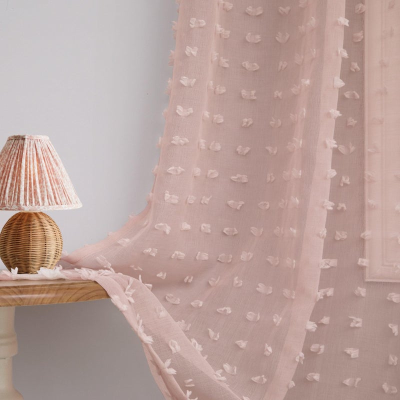 DANCURTON Dusty Pink Sheer Curtains 96 Inches Long 2 Panels for Girls Bedroom Window Boho Pom Pom Sheer Semi Window Curtains Back Tab Rod Pocket Shabby Chic Pink Textured Curtain for Nursery 52x96 - Image 1