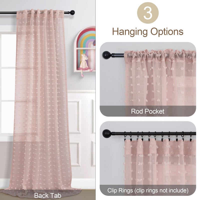 DANCURTON Dusty Pink Sheer Curtains 96 Inches Long 2 Panels for Girls Bedroom Window Boho Pom Pom Sheer Semi Window Curtains Back Tab Rod Pocket Shabby Chic Pink Textured Curtain for Nursery 52x96 - Image 5