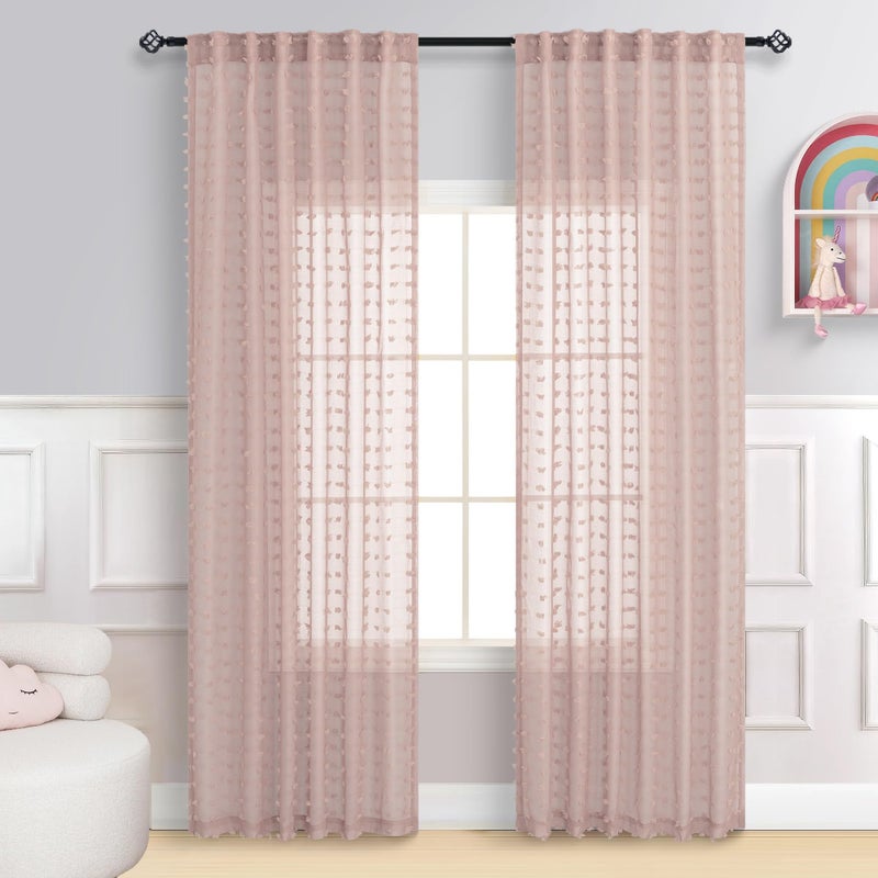 DANCURTON Dusty Pink Sheer Curtains 96 Inches Long 2 Panels for Girls Bedroom Window Boho Pom Pom Sheer Semi Window Curtains Back Tab Rod Pocket Shabby Chic Pink Textured Curtain for Nursery 52x96 - Image 2