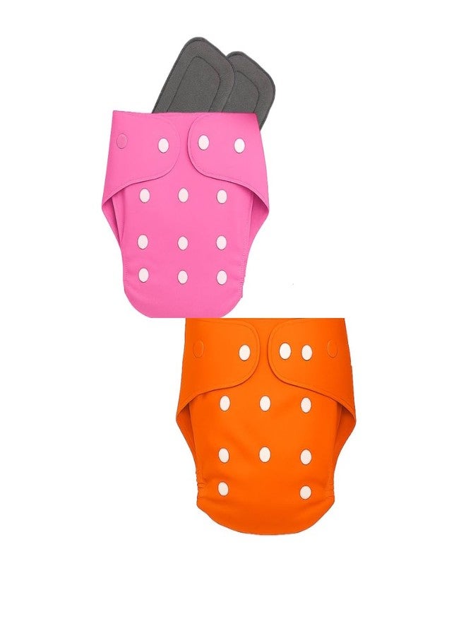 Reusable Cloth Diapers for Babies | Washable & Eco-Friendly Baby Nappies | Adjustable Leak-Proof Cloth Diaper Set with Soft Inserts (2, Pink&Orange, Free Size)