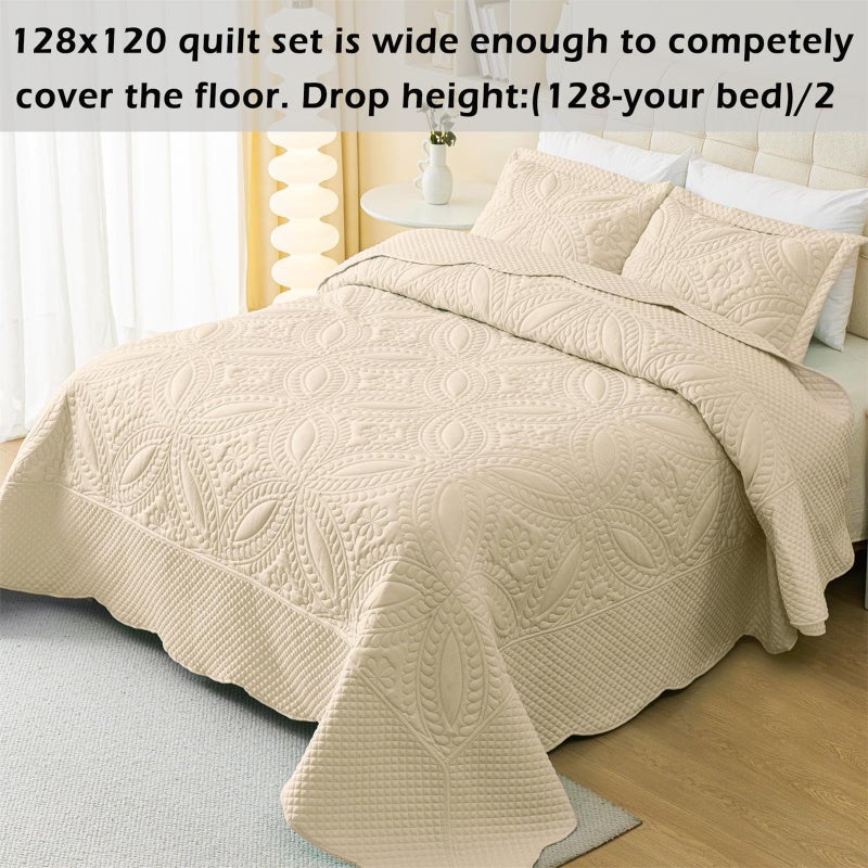 Cmfshape Oversize King Bedspread 128"x120",3 Piece California King Quilt,Lightweight Bed Quilt Set for All Season,Modern Geometric Pattern Bedding Set Beige - Image 2