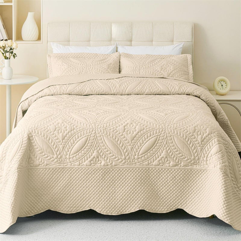 Cmfshape Oversize King Bedspread 128"x120",3 Piece California King Quilt,Lightweight Bed Quilt Set for All Season,Modern Geometric Pattern Bedding Set Beige - Image 1