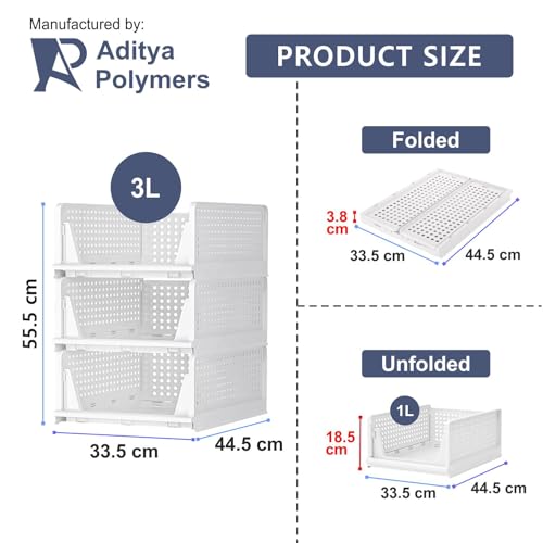 Aditya polymers Large Wardrobe Closet Organizers Pack of 3 | Foldable Stackable Clothes Storage Baskets | Adjustable Sliding Drawer Design | Space Saving Multipurpose Organizer for Cupboard Almirah - Image 4