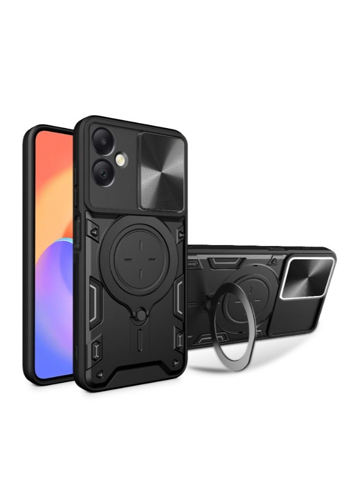 for Samsung Galaxy A06 4G Case, Slide Camera Lens Cover, Magnetic Ring Holder Kickstand Protective Phone Case for Samsung Galaxy A06 4G, Black - Image 1