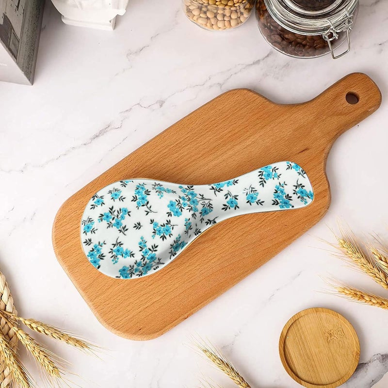 LEAZUL Ceramic Spoon Rest for Stove Top Kitchen Counter Large Spoon Holder Farmhouse Floral Flowers Print Coffee Spoon Cooking Utensil Tools Rest Modern Kitchen Decor - Image 2
