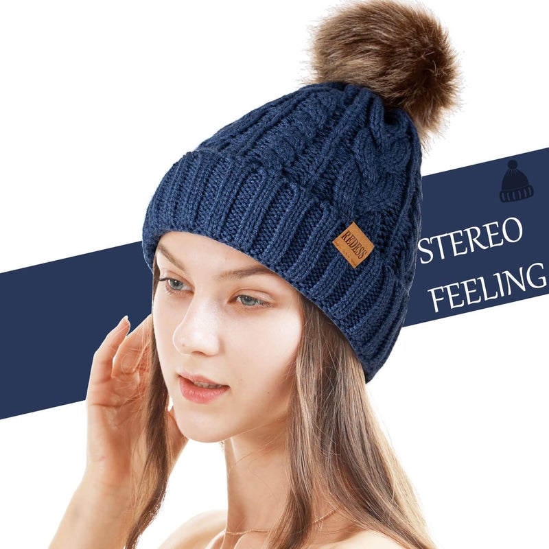 REDESS Women Winter Pompom Beanie Hat with Warm Fleece Lined, Thick Slouchy Snow Knit Skull Ski Cap - Image 1