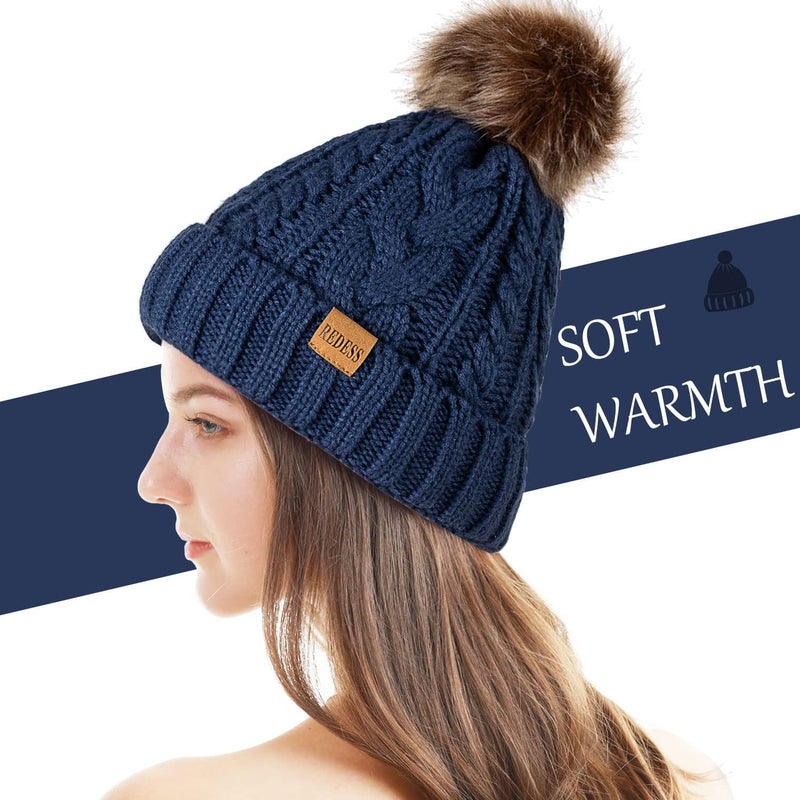 REDESS Women Winter Pompom Beanie Hat with Warm Fleece Lined, Thick Slouchy Snow Knit Skull Ski Cap - Image 2