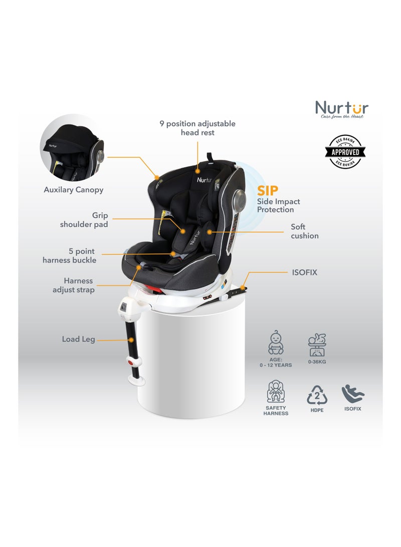 Nurtur Liberty Baby 4 in 1 Car Seat Leg Support ISOFIX 10-level Adjustable Backrest with Canopy Upto 36kg Black - Image 2
