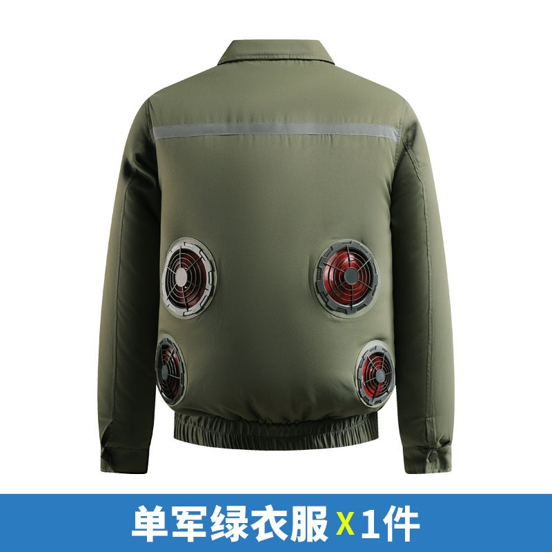 4-Hole Large Fan Air-Conditioned Clothing Summer Cooling and Refrigeration Reflective Sun Protection Clothing with Fan Outdoor Labor Protection Work Clothes Military green singlet without accessories