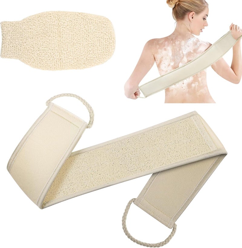 LOPHE Loofah Exfoliating Back Scrubber Set 2Pcs Natural Loofah Back Washers with Linen Bath Mitt for Shower Bath Spa Double Side Scrubbing Strap for Men Women Bathroom Accessories
