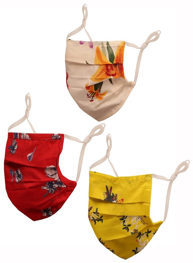 Touchstone anti pollution smog smoke cold cough protective cotton face mask Floral Fabric Adjustable filter pocket nose bridge 2 layer reusable washable for men, women (Pack of 3). Yellow Red Green - Image 1