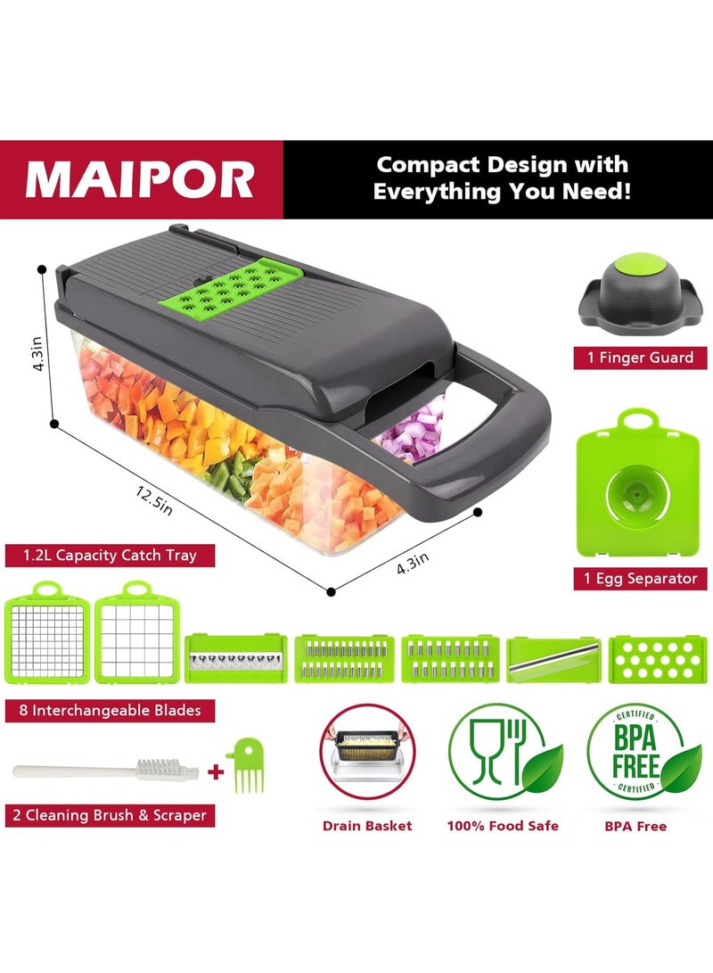 MAIPOR قطاعة خضروات احترافية 14 في 1 للخضروات والبصل والمندولين، قطاعة خضروات للمطبخ، قطاعة شرائح مع حاوية، مفرمة للسلطة والثوم (لون رمادي/أخضر)  - Image 3