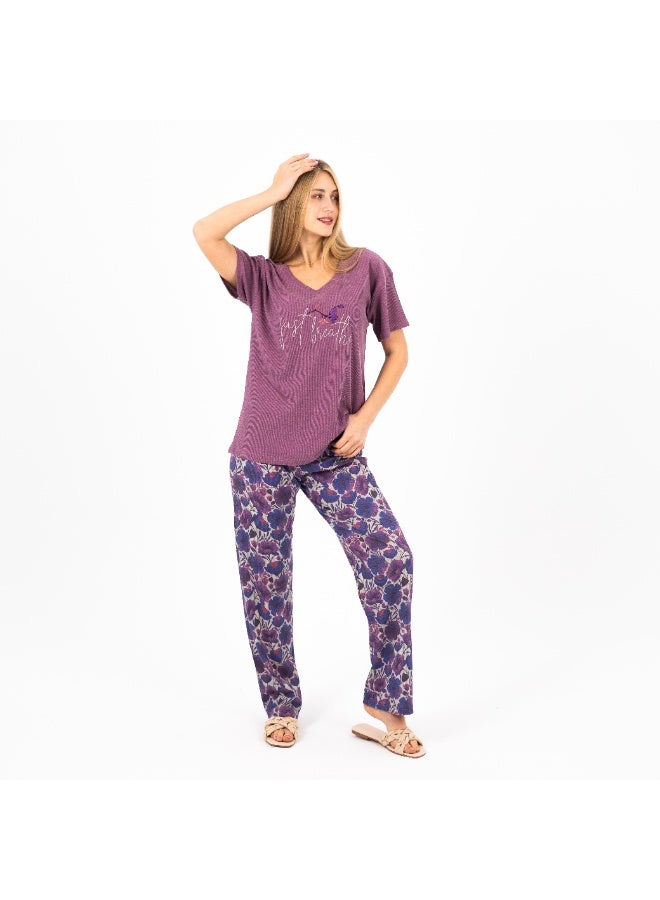 zecotex  Women's Cotton Embroidered Pajama Set – Short Sleeve V-Neck Top & Printed Pants – Soft, Lightweight & Breathable Summer Loungewear  - Image 2
