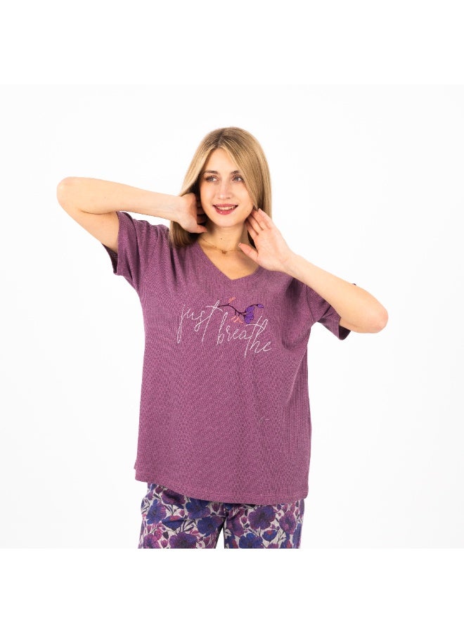 zecotex  Women's Cotton Embroidered Pajama Set – Short Sleeve V-Neck Top & Printed Pants – Soft, Lightweight & Breathable Summer Loungewear  - Image 5