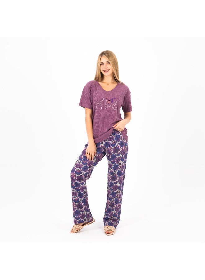 zecotex  Women's Cotton Embroidered Pajama Set – Short Sleeve V-Neck Top & Printed Pants – Soft, Lightweight & Breathable Summer Loungewear  - Image 1