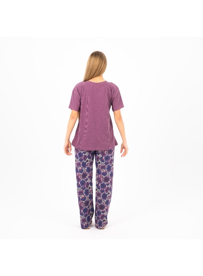 zecotex  Women's Cotton Embroidered Pajama Set – Short Sleeve V-Neck Top & Printed Pants – Soft, Lightweight & Breathable Summer Loungewear  - Image 3