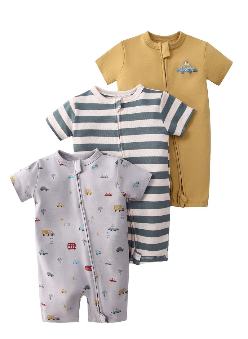 CICILADY Baby 3-Pack Short-Sleeve Onesies Bodysuit Baby Boy Girl Cotton Short Sleeve Zipper Rompers Infant 2-way Zippers Comfy Summer Jumpsuit