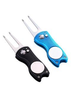 Metal Foldable Golf Divot Tool, Golf Lawn Repair Folding Fork with Pop Up Button And Magnetic Ball Marker, Portable Golf Pitchfork, Fish Design (Pack of 2, Black, Blue)