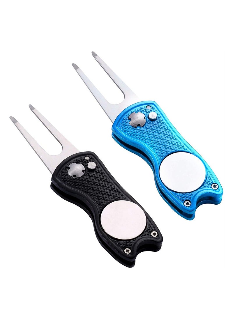 SYOSI - Metal Foldable Golf Divot Tool, Golf Lawn Repair Folding Fork with Pop Up Button And Magnetic Ball Marker, Portable Golf Pitchfork, Fish Design (Pack of 2, Black, Blue) - Image 1