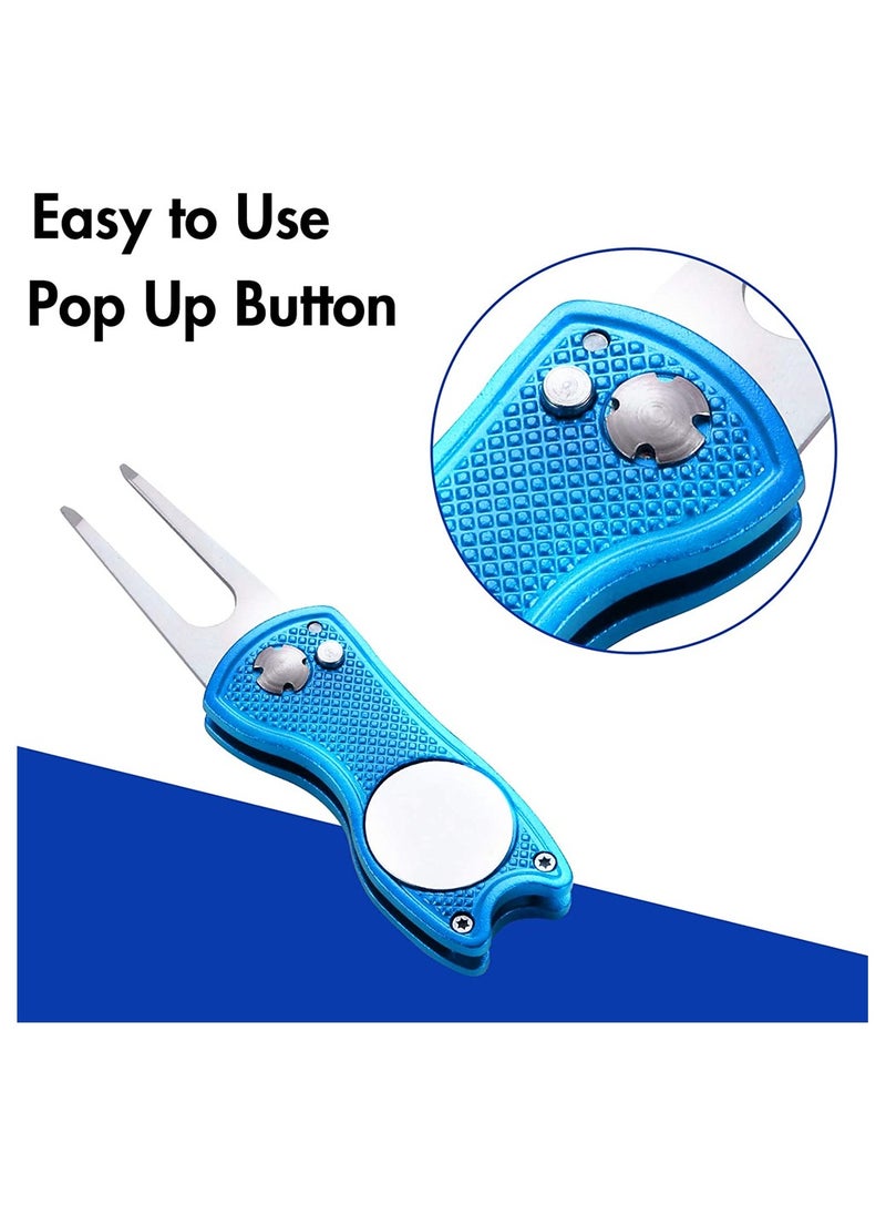 SYOSI - Metal Foldable Golf Divot Tool, Golf Lawn Repair Folding Fork with Pop Up Button And Magnetic Ball Marker, Portable Golf Pitchfork, Fish Design (Pack of 2, Black, Blue) - Image 1