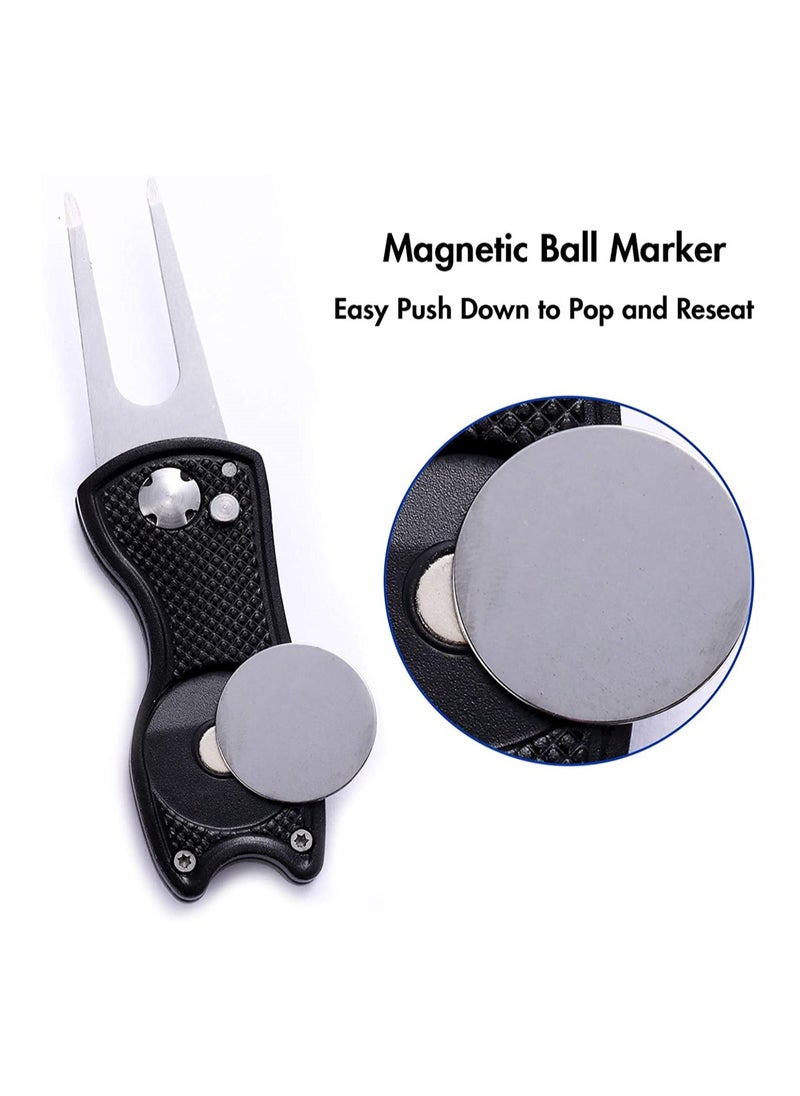 SYOSI - Metal Foldable Golf Divot Tool, Golf Lawn Repair Folding Fork with Pop Up Button And Magnetic Ball Marker, Portable Golf Pitchfork, Fish Design (Pack of 2, Black, Blue) - Image 1
