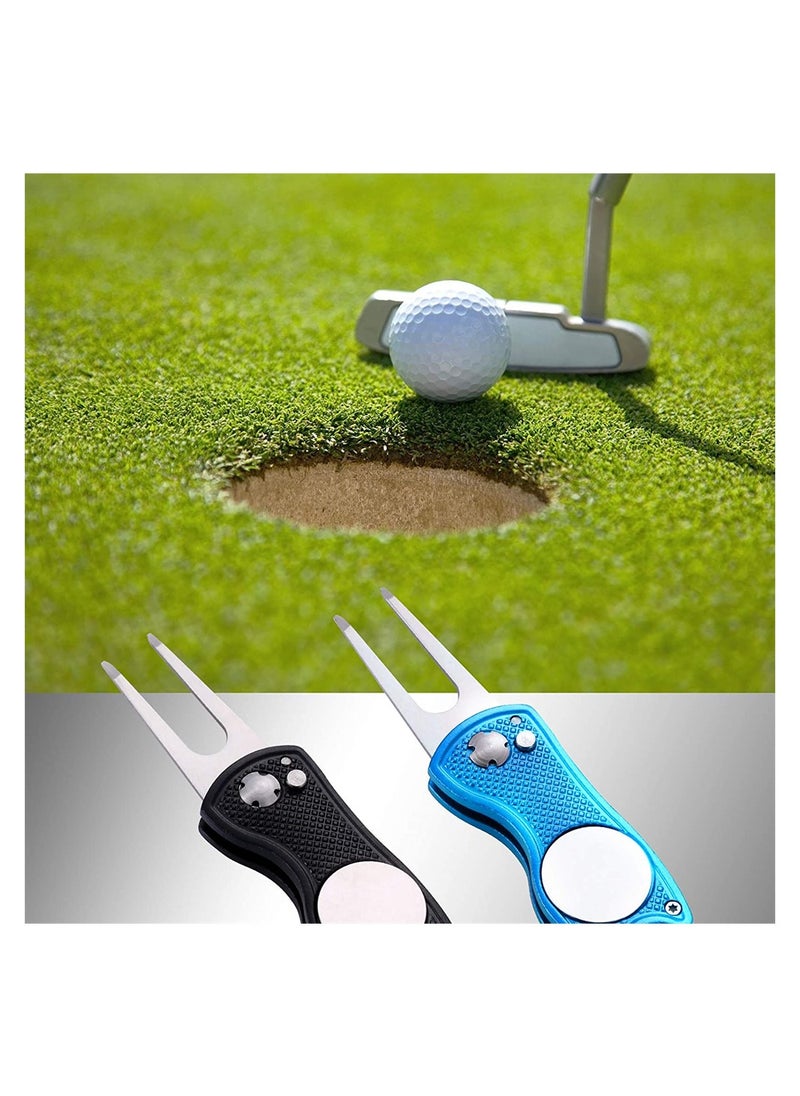 SYOSI - Metal Foldable Golf Divot Tool, Golf Lawn Repair Folding Fork with Pop Up Button And Magnetic Ball Marker, Portable Golf Pitchfork, Fish Design (Pack of 2, Black, Blue) - Image 1