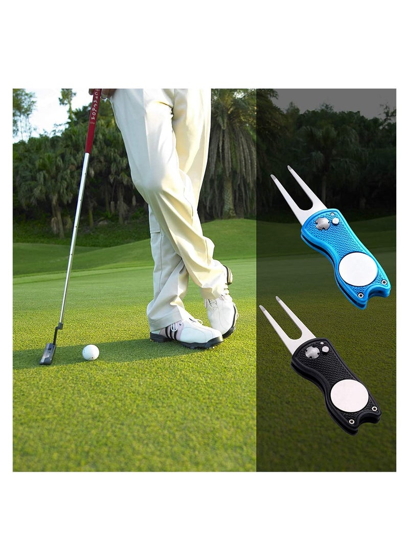 SYOSI - Metal Foldable Golf Divot Tool, Golf Lawn Repair Folding Fork with Pop Up Button And Magnetic Ball Marker, Portable Golf Pitchfork, Fish Design (Pack of 2, Black, Blue) - Image 1