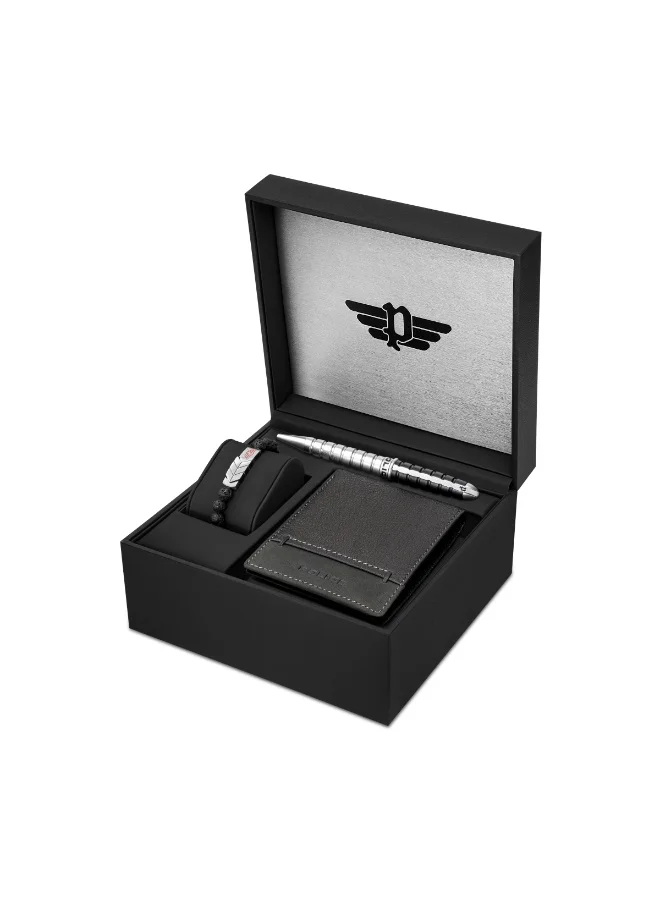 POLICE Men’s Gift Set with Black Leather Bifold Wallet, Black-Silver Stainless Steel Pen & Bracelet
