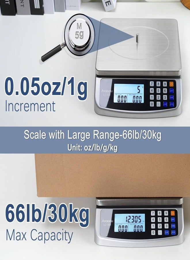 Atogou 110lb Food Scale, Commercial Kitchen Scale with Price Computing, Plug-in Usable, 0.05oz/1g, 304 Stainless Steel, for Cooking, Vegetables, Farm, Industry, Counting. LC300 Silver - Image 2