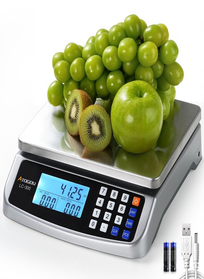 Atogou 110lb Food Scale, Commercial Kitchen Scale with Price Computing, Plug-in Usable, 0.05oz/1g, 304 Stainless Steel, for Cooking, Vegetables, Farm, Industry, Counting. LC300 Silver - Image 1