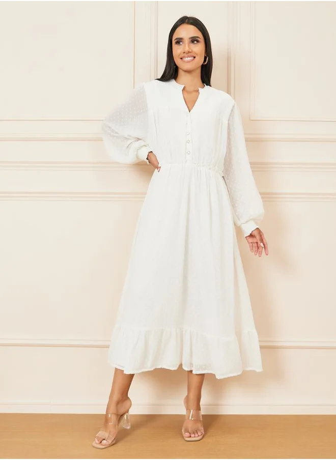 Styli Dobby Long Sleeves A-Line Midi Dress