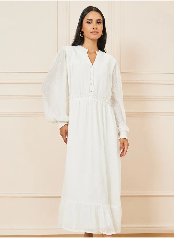 Styli Dobby Long Sleeves A-Line Midi Dress