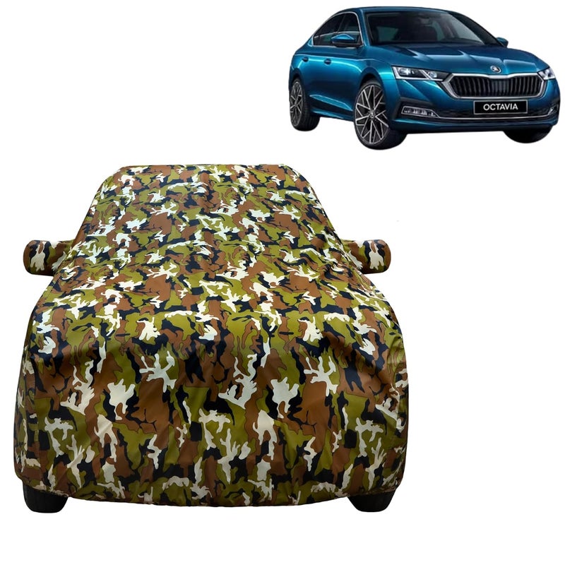 VYAS 100% Waterproof Car Body Cover for Skoda Ocativia (2009-2023) with Mirror Pocket Triple Stitched Belt & Buckle Fitting Dual Elastic, Durable Material Jungle Print Camouflage Design - Image 1