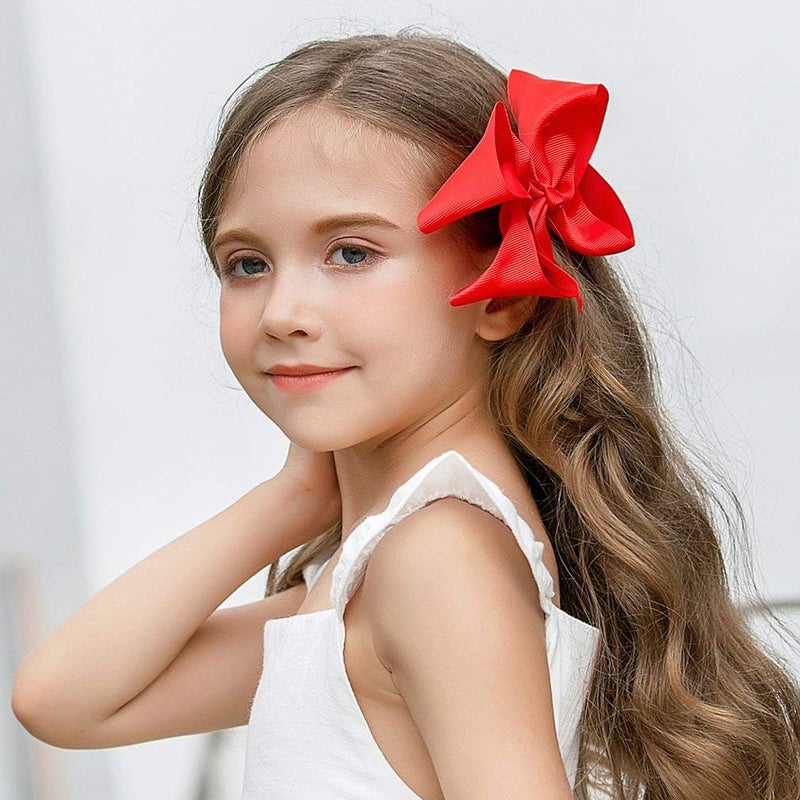 DEEKA 2 PCS 6" Big Hand-made Grosgrain Ribbon Solid Color Hair Bows Alligator Clips Hair Accessories for Little Teen Toddler Girls Kids Set of 2 -Red - Image 4