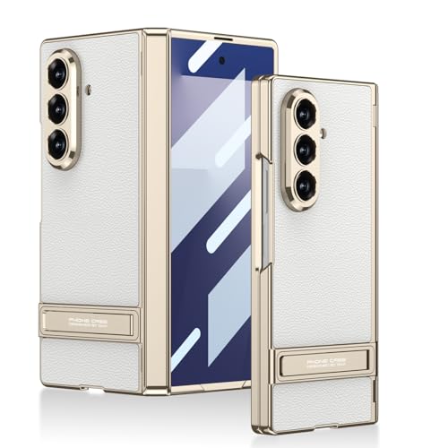 Midkart Magnetic Case Compatible with Samsung Galaxy Z Fold 7 Release 2025 Hinge Protection Leather Cover with Stand Electroplated Camera Protection, White & Gold - Image 1