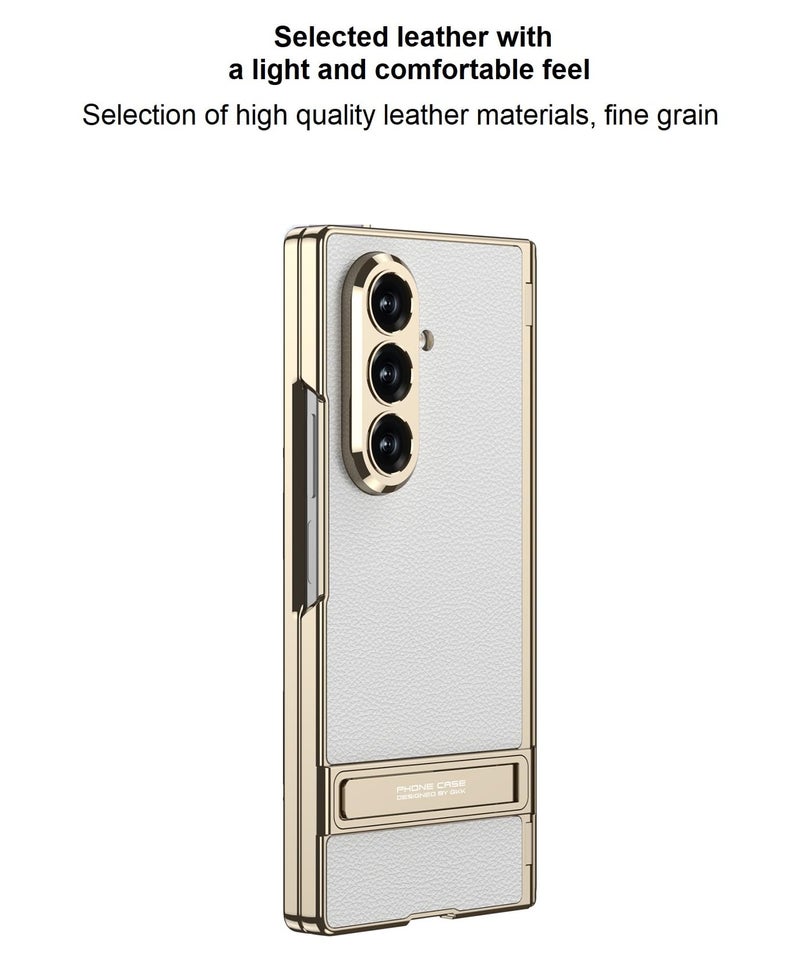 Midkart Magnetic Case Compatible with Samsung Galaxy Z Fold 7 Release 2025 Hinge Protection Leather Cover with Stand Electroplated Camera Protection, White & Gold - Image 4