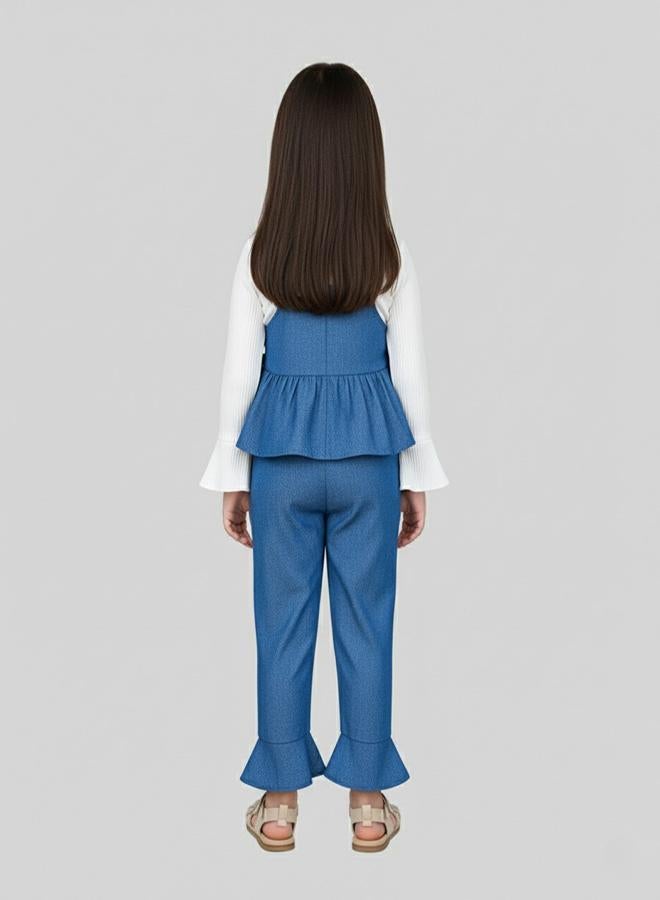babyqlo Denim Frill Pants With White Full Sleeve Top - Image 2