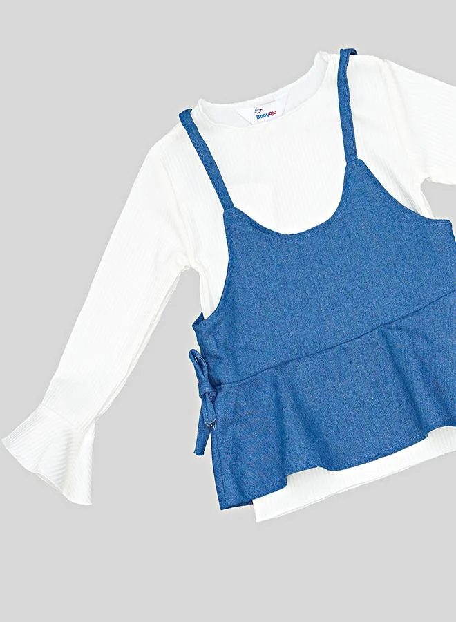 babyqlo Denim Frill Pants With White Full Sleeve Top