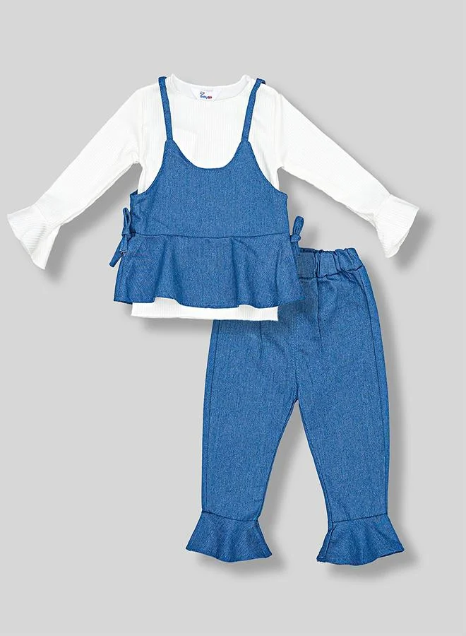 babyqlo Denim Frill Pants With White Full Sleeve Top