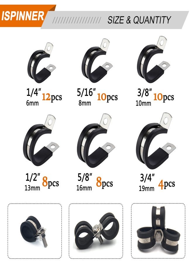 ISPINNER 52pcs Cable Clamps Assortment Kit, 304 Stainless Steel Rubber Cushion Pipe Clamps in 6 Sizes 1/4" 5/16" 3/8" 1/2" 5/8" 3/4" - Image 2