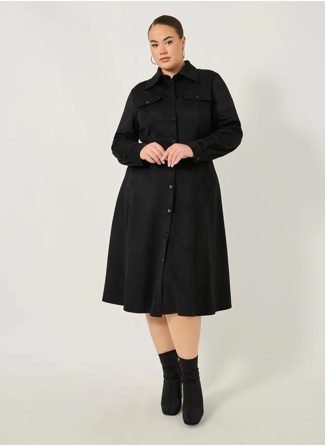 Styli Plus Size Velvet Look Long Sleeves Shirt Midi Dress