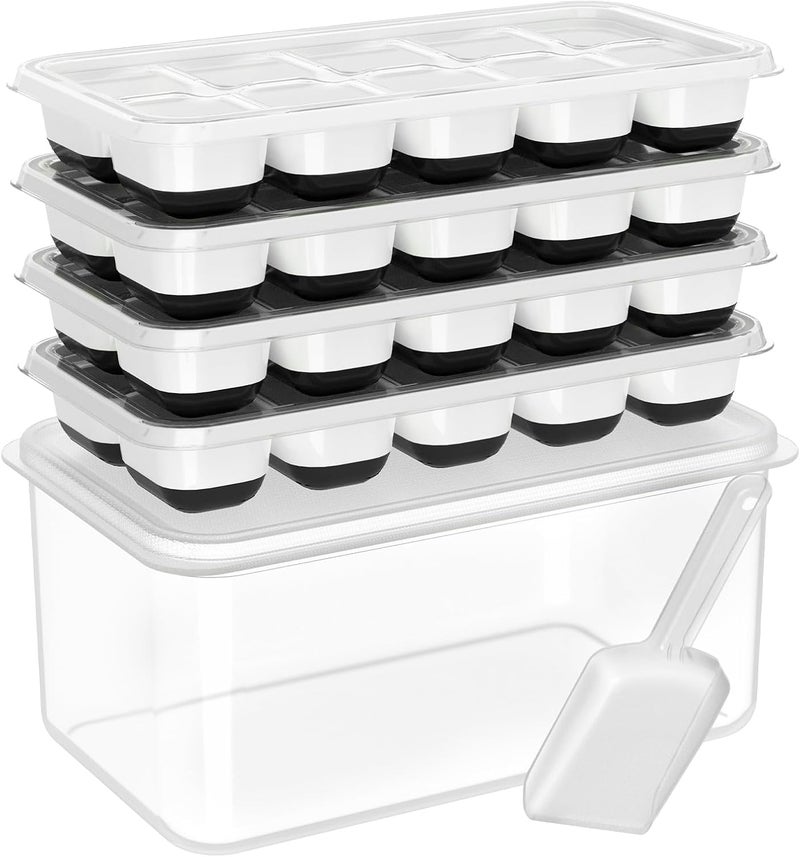DOQAUS Ice Cube Tray with Lid and Bin - 4 Pack Silicone Ice Cube Trays for Freezer, Stackable Ice Bucket Kits with Storage Container & Scoop for Kitchen, RV, Cocktail, Coffee - Image 1