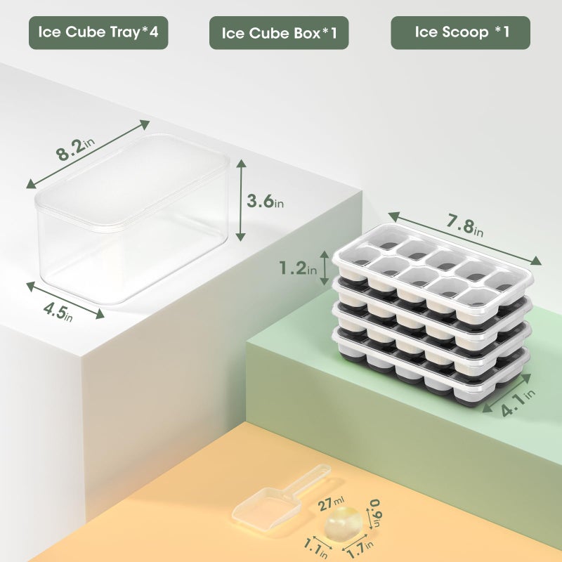 DOQAUS Ice Cube Tray with Lid and Bin - 4 Pack Silicone Ice Cube Trays for Freezer, Stackable Ice Bucket Kits with Storage Container & Scoop for Kitchen, RV, Cocktail, Coffee - Image 2