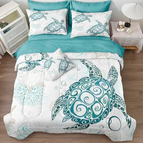 MOVE OVER California King Sea Turtle Bedding Set 8 Pieces Bed in A Bag Ocean Comforter Set Teal Blue Sea Turtle Comforter Set Coastal Bedding Set for Summer Underwater World Ocean Bed Set - Image 2